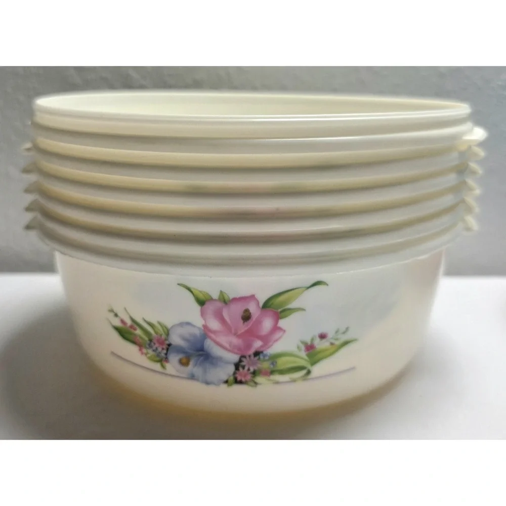 Ratan Vintage Floral Food Storage Bowls Pastel Lids Kitchen Containers Lot Of 6